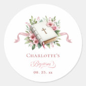 Modern Pink Flower Baptism Sticker ラウンドシール (正面)