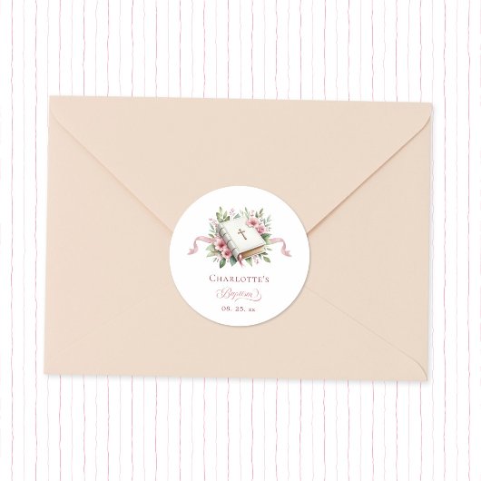 Modern Pink Flower Baptism Sticker ラウンドシール