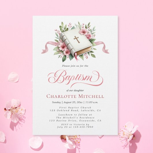 Modern Pink Flower Bible Baptism 招待状