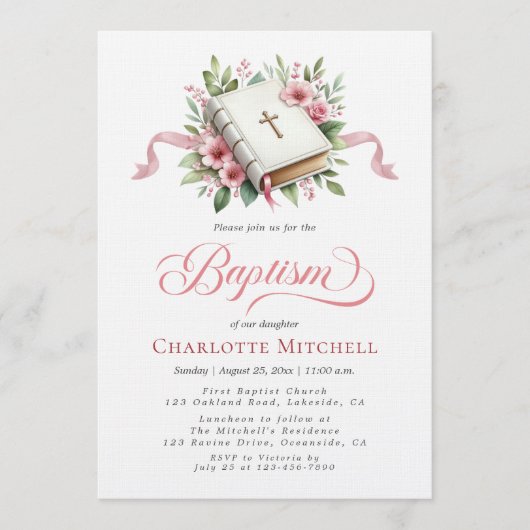 Modern Pink Flower Bible Baptism 招待状 (正面)