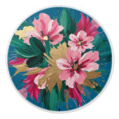 Modern Pink Flower Cluster with Gold Leaf Flourish セラミックノブ (正面)