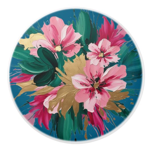 Modern Pink Flower Cluster with Gold Leaf Flourish セラミックノブ (正面)