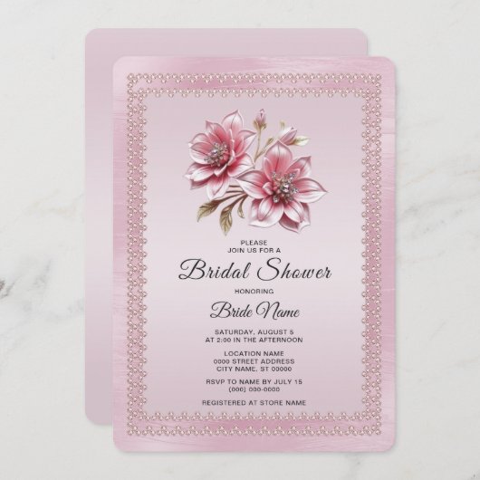 Modern Pink Flowers Bridal Shower Invitation 招待状 (正面/裏面)