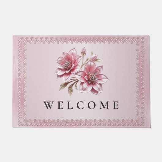 Modern Pink Flowers Doormat ドアマット (正面)