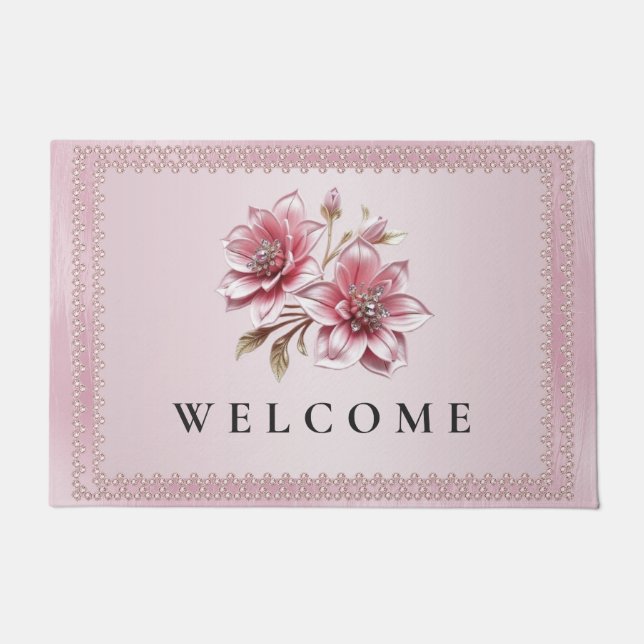 Modern Pink Flowers Doormat ドアマット (正面)