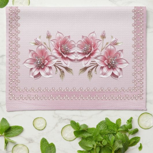 Modern Pink Flowers Kitchen Towel キッチンタオル (折り畳み)