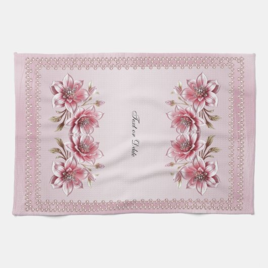 Modern Pink Flowers Kitchen Towel キッチンタオル (横)