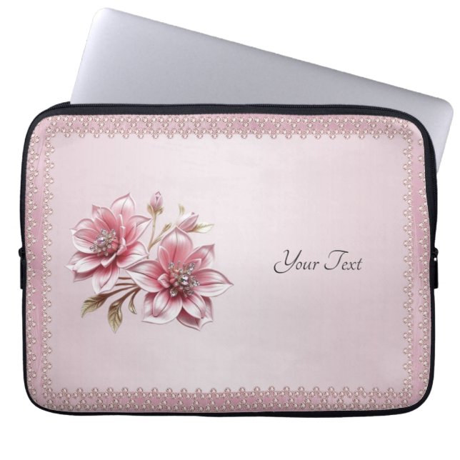 Modern Pink Flowers Laptop Sleeve ラップトップスリーブ (正面)