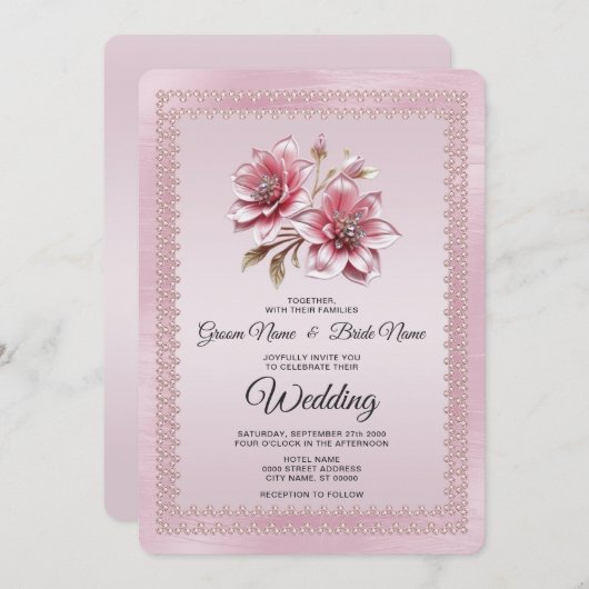 Modern Pink Flowers Wedding Invitation 招待状 (正面/裏面)