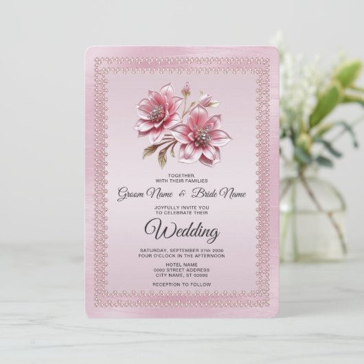 Modern Pink Flowers Wedding Invitation 招待状 (スタンド正面)
