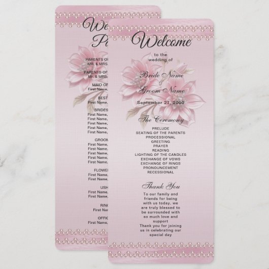 Modern Pink Flowers Wedding Program プログラム (正面/裏面)