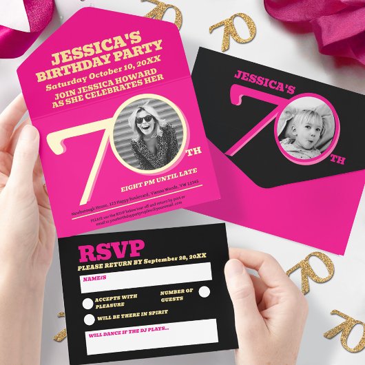 Modern pink foil two photos 70th Birthday オールインワン招待状