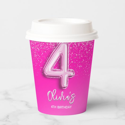 Modern Pink Glitter Balloon 4th Birthday Party  紙コップ (正面)