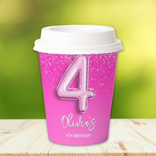 Modern Pink Glitter Balloon 4th Birthday Party  紙コップ