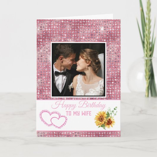 Modern Pink Glitter Happy Birthday to My Wife カード (正面)