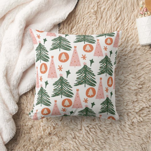 Modern Pink Green Christmas Tree Pattern Holiday クッション (ブランケット)