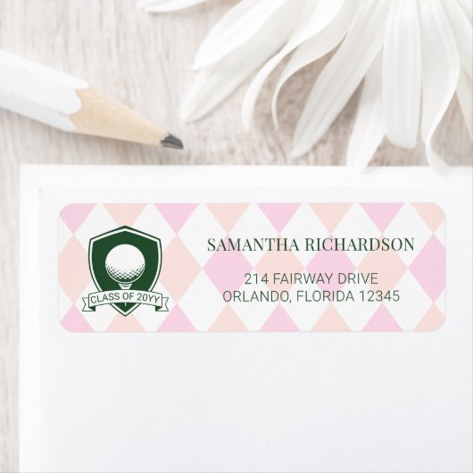 Modern Pink Green Golf Graduation Return Address ラベル (インサイチュ)