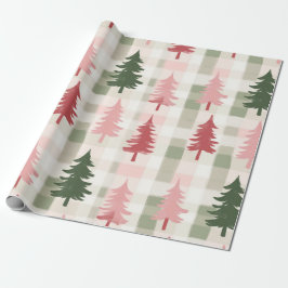 Modern Pink & Green Pine Tree Plaid Christmas  ラッピングペーパー