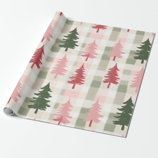 Modern Pink & Green Pine Tree Plaid Christmas ラッピングペーパー (アンロールド)