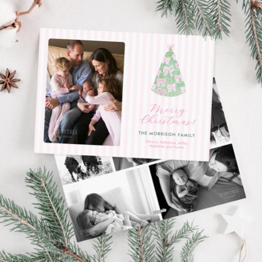 Modern Pink Green Watercolor Bows Christmas Photo シーズンカード