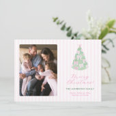 Modern Pink Green Watercolor Bows Christmas Photo シーズンカード (スタンド正面)