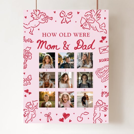 Modern Pink Hand Drawn How Old Were Mom & Dad Sign ポスター