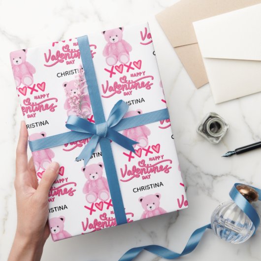 Modern Pink Happy Valentines Day Script Teddy Bear ラッピングペーパー (ギフト)
