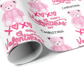Modern Pink Happy Valentines Day Script Teddy Bear ラッピングペーパー (ロールコーナー)
