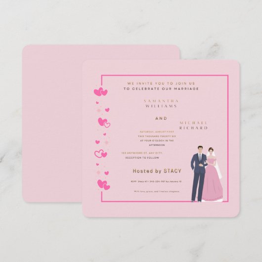 Modern Pink Heart Wedding Invitation - Customizabl セーブザデート (正面/裏面)