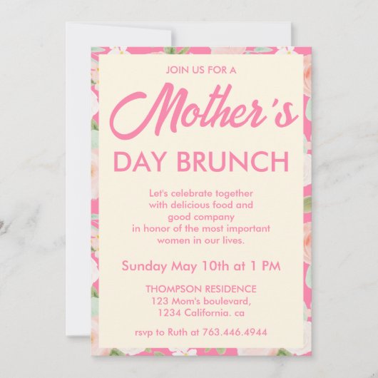 Modern Pink Ivory Floral Mother's Day Brunch 招待状 (正面)