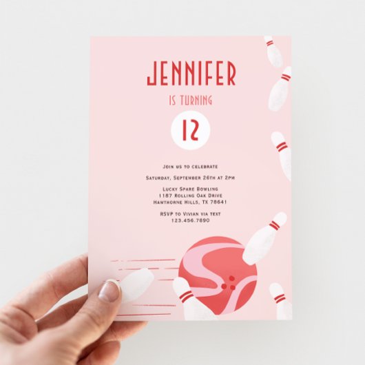 Modern Pink Kids Bowling Birthday Party 招待状