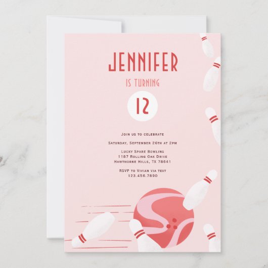 Modern Pink Kids Bowling Birthday Party 招待状 (正面)