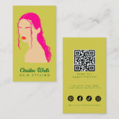 Modern Pink Lime Green Hair Styling Flat Design QR 名刺 (正面/裏面)
