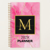 Modern Pink Marbled Black Monogram Name プランナー手帳 (正面)