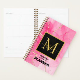 Modern Pink Marbled Black Monogram Name  プランナー手帳