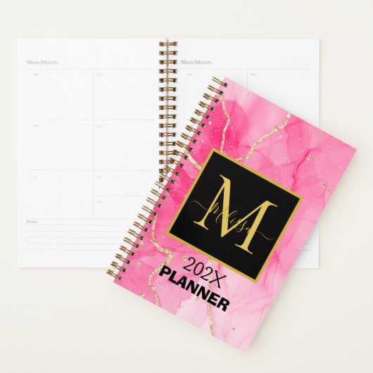 Modern Pink Marbled Black Monogram Name プランナー手帳 (ディスプレー)