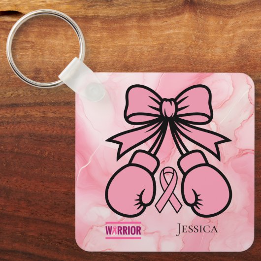 Modern Pink Marbled Breast Cancer Warrior Name   キーホルダー (正面)