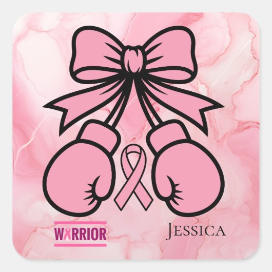 Modern Pink Marbled Breast Cancer Warrior Name   スクエアシール (正面)
