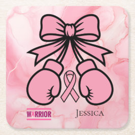 Modern Pink Marbled Breast Cancer Warrior Name   スクエアペーパーコースター