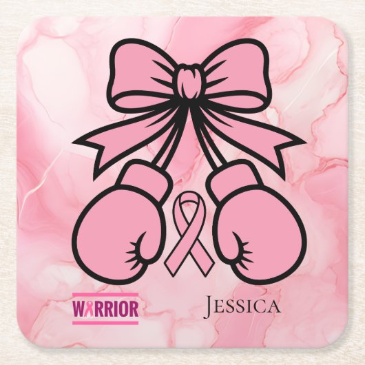 Modern Pink Marbled Breast Cancer Warrior Name   スクエアペーパーコースター (正面)