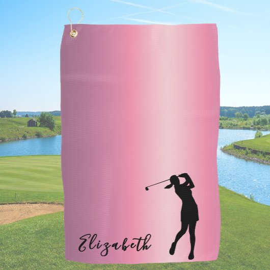 Modern Pink Metallic Look Lady Golfer Custom Name ゴルフタオル