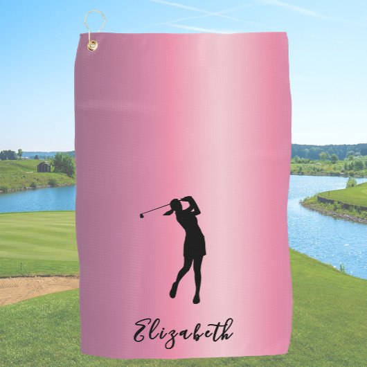 Modern Pink Metallic Look Lady Golfer Custom Name ゴルフタオル