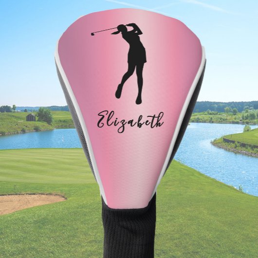 Modern Pink Metallic Look Lady Golfer Custom Name ゴルフヘッドカバー