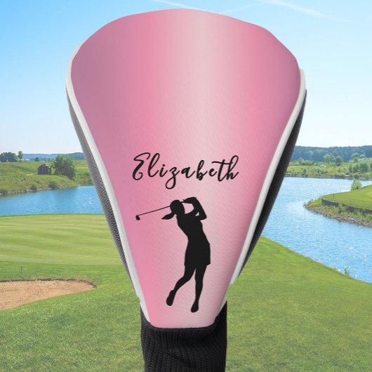 Modern Pink Metallic Look Lady Golfer Custom Name ゴルフヘッドカバー