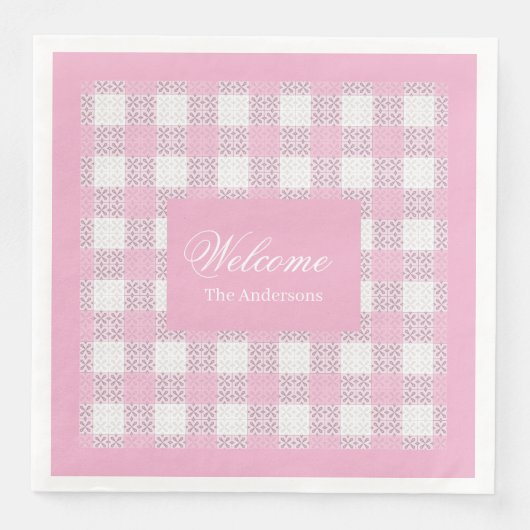 Modern Pink Napkins Personalized Plaid Accent (正面)