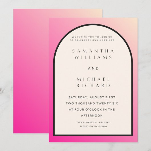 Modern Pink Ombre Arch Wedding Invitation - Custom 招待状 (正面/裏面)