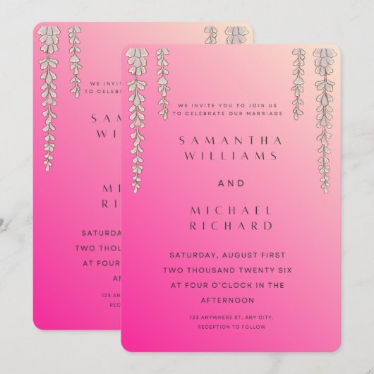 Modern Pink Ombre Wisteria Wedding Invitation - Cu 招待状 (正面/裏面)