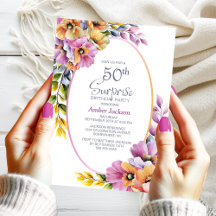 Modern Pink Orange Floral Surprise 50th Birthday