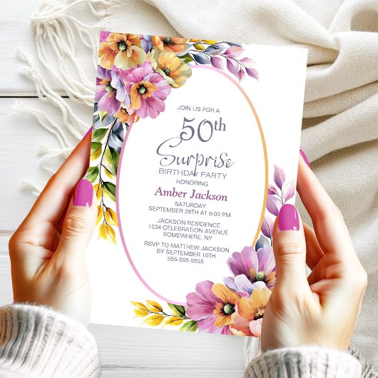 Modern Pink Orange Floral Surprise 50th Birthday 招待状