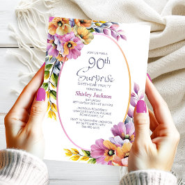 Modern Pink Orange Floral Surprise 90th Birthday 招待状